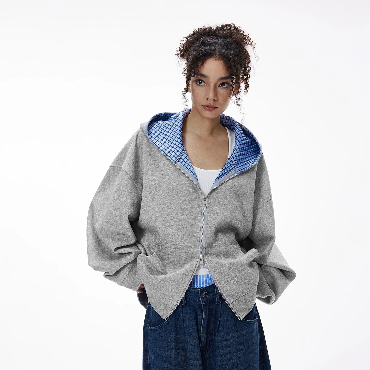 Boxy Two-Tone Plaid Zip Up Hoodie