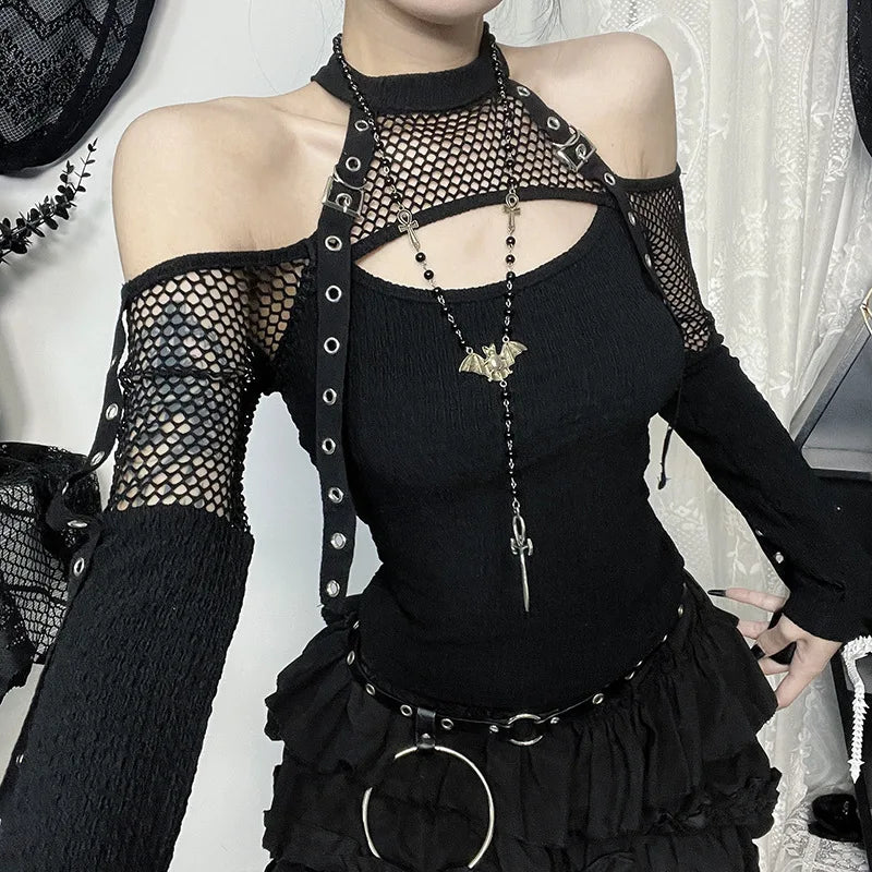 ゴシックダークパンクグランジフィッシュネットTシャツ