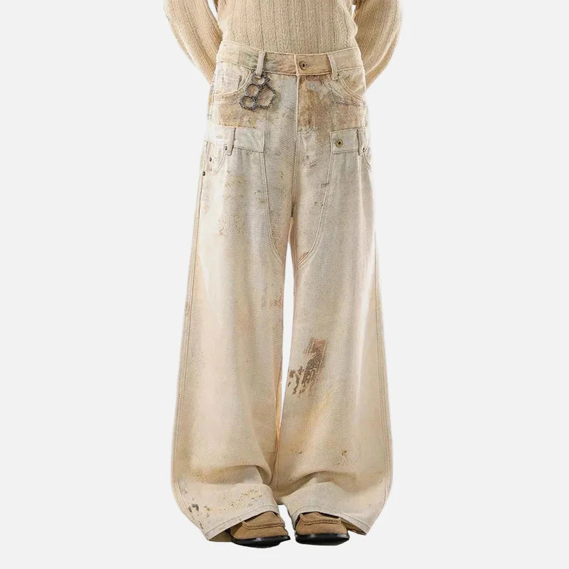 American Style Double Waistband Dirty Dying Jeans
