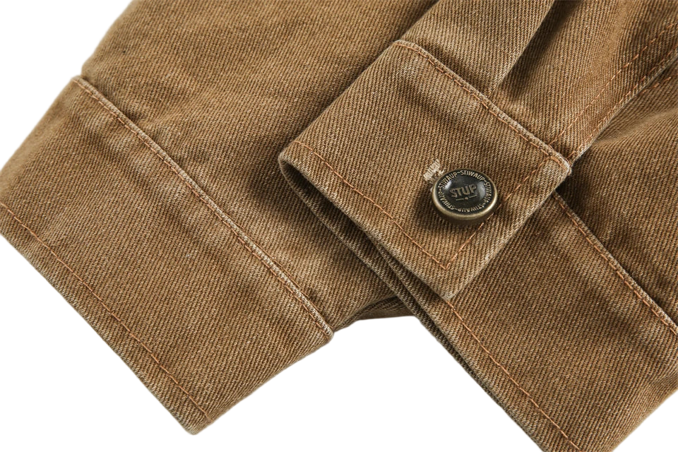 Close-up of a brown jacket with a button on a light gray background