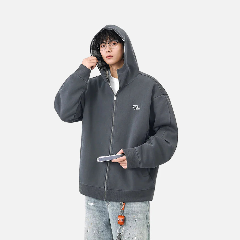 Y2K Warm Plaid Lined Zip-Up Hooded Sweatshirt