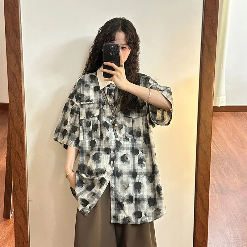 Chemise à manches courtes imprimée rétro ample et oversize pour femme
