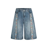 Vintage Wash Floral Print Denim Jorts
