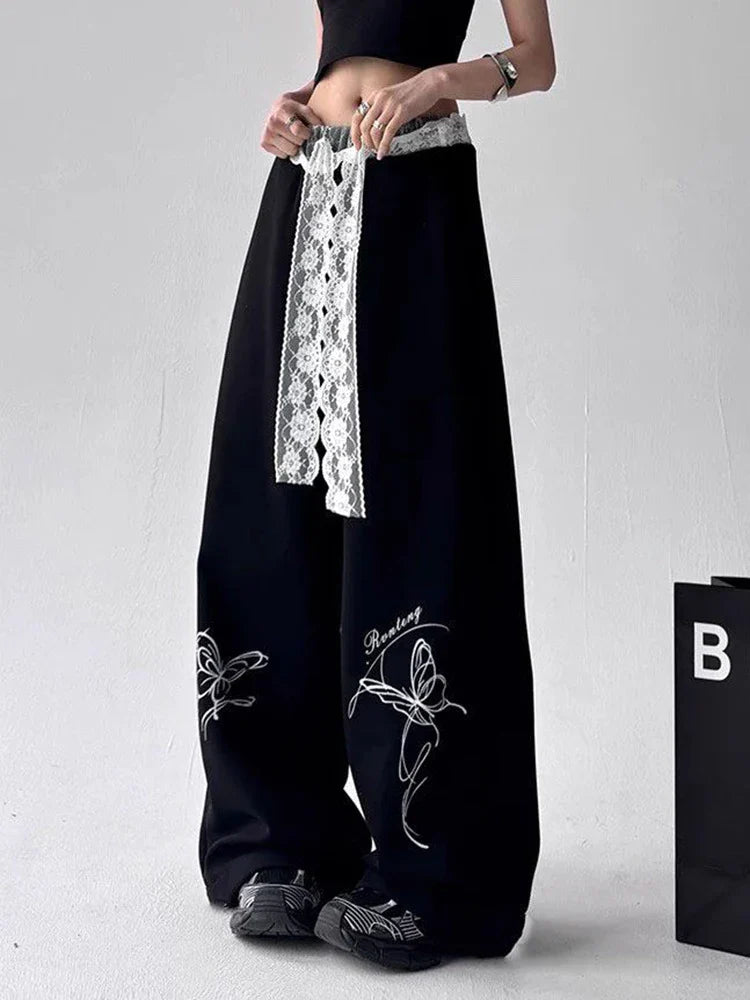 Y2K Vintage Butterfly Cool Lace Patchwork Sweatpants