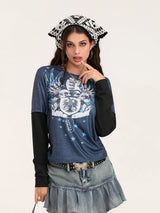 Women Patchwork Gothic Crew Neck T-Shirt