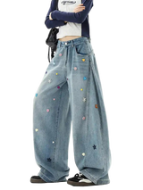Stylish Star Embellished Curved Wide Leg Jeans