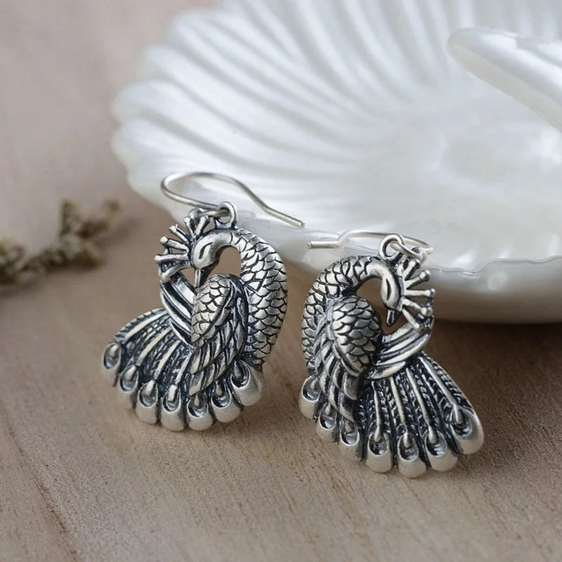 Handmade Vintage Metal Peacock Dangle Earrings