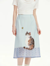 Y2K Cat Print Mesh A-Line Skirt