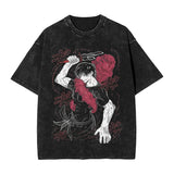 Anime Girl Dinner Print Washed T-Shirt