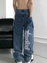 Retro-Hip-Hop-Jeans mit Buchstabenprint, gerades Bein
