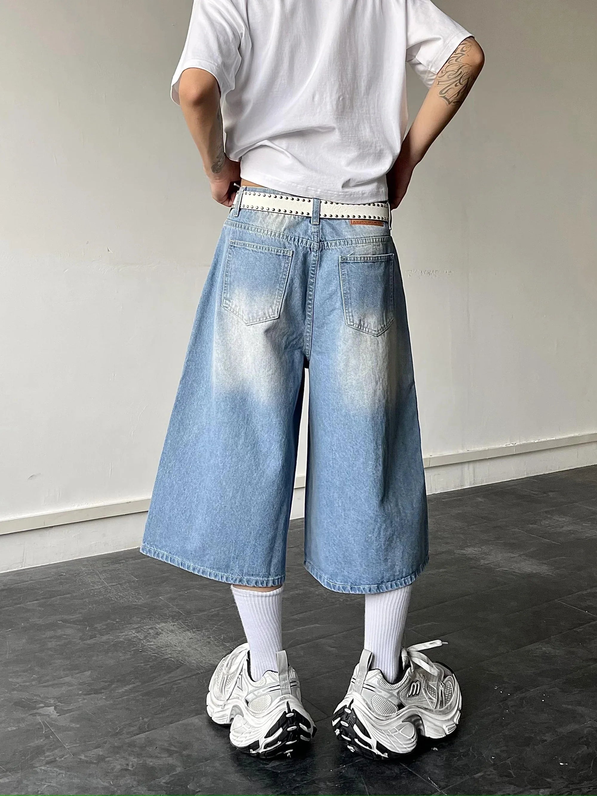 Fashionable Streetwear Loose Wide Leg Blue Wash Jorts