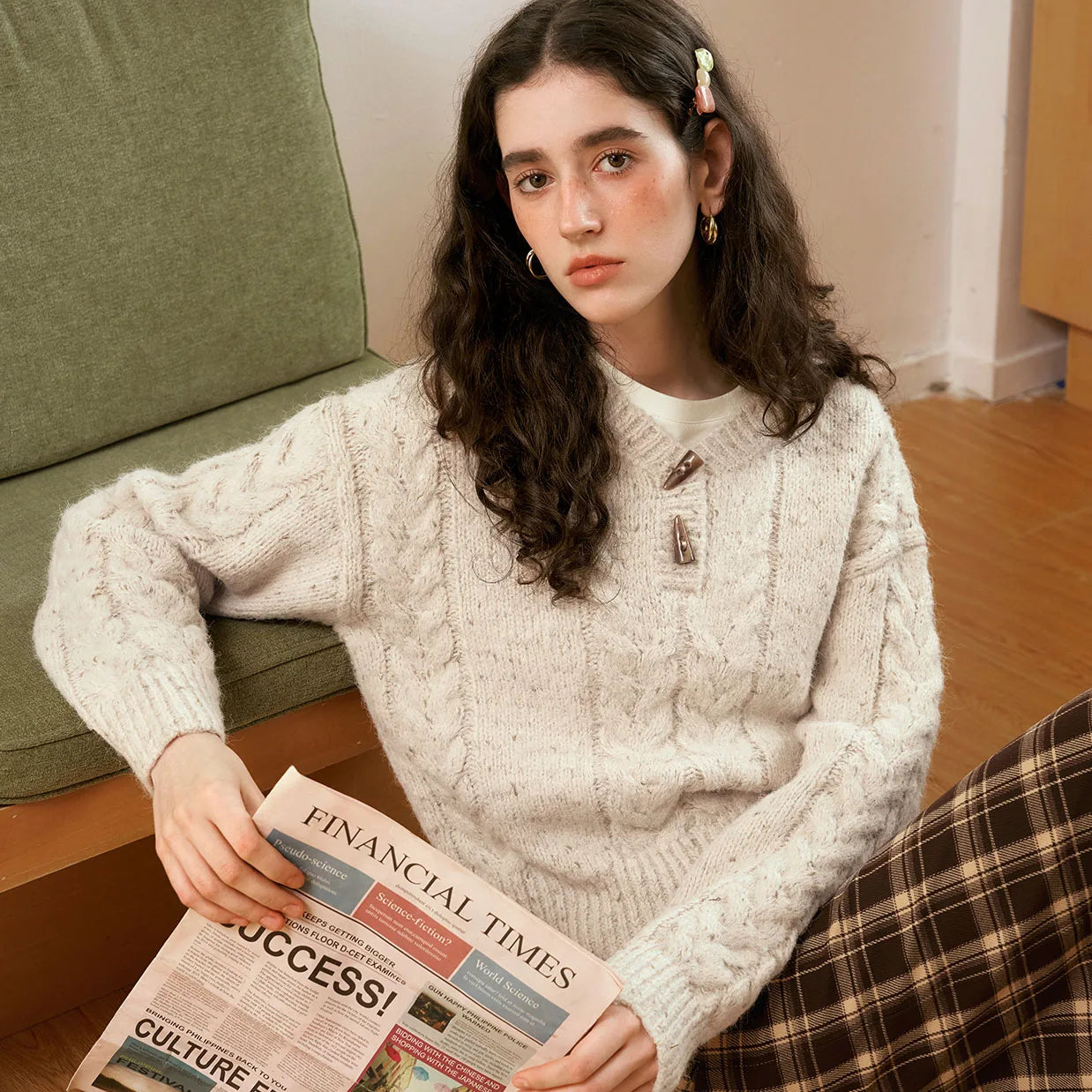Gemütlicher Oversize-Strickpullover im Vintage-Stil mit V-Ausschnitt