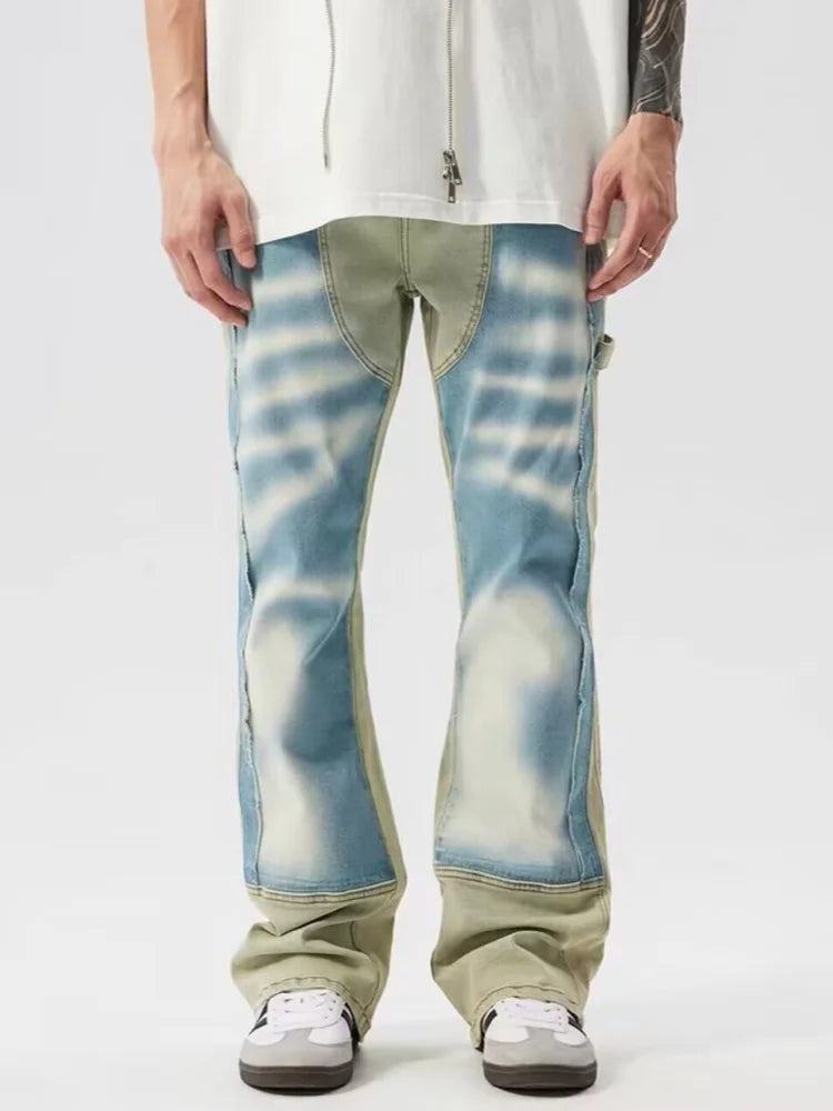 Blue Patchwork Baggy Stacked Wide Leg Flow Jeans