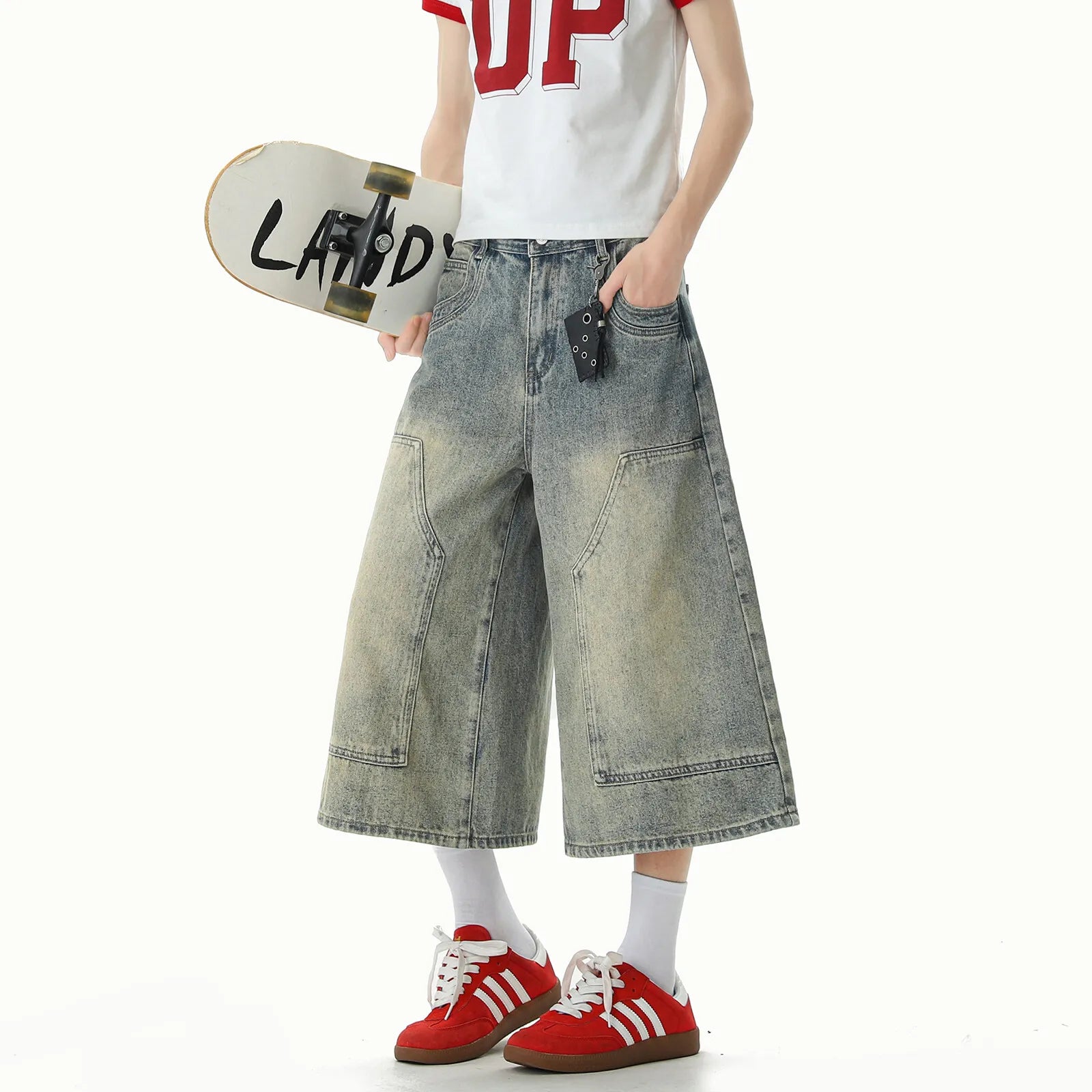 Streetwear Cool Patchwork Wide Leg Denim Jorts