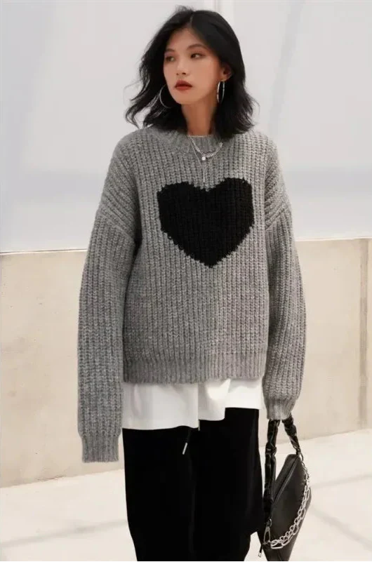 Heart Print Gray Knitted Oversize Sweater