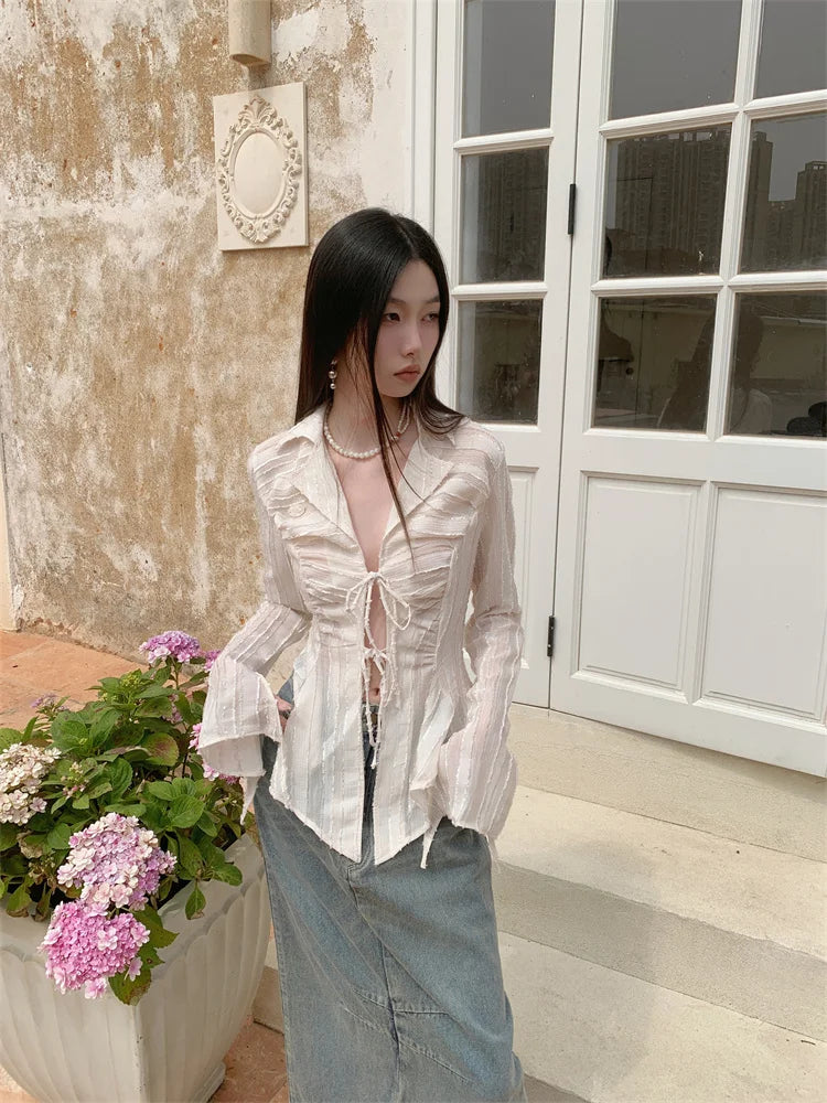 包帯柄シフォン長袖ブラウス