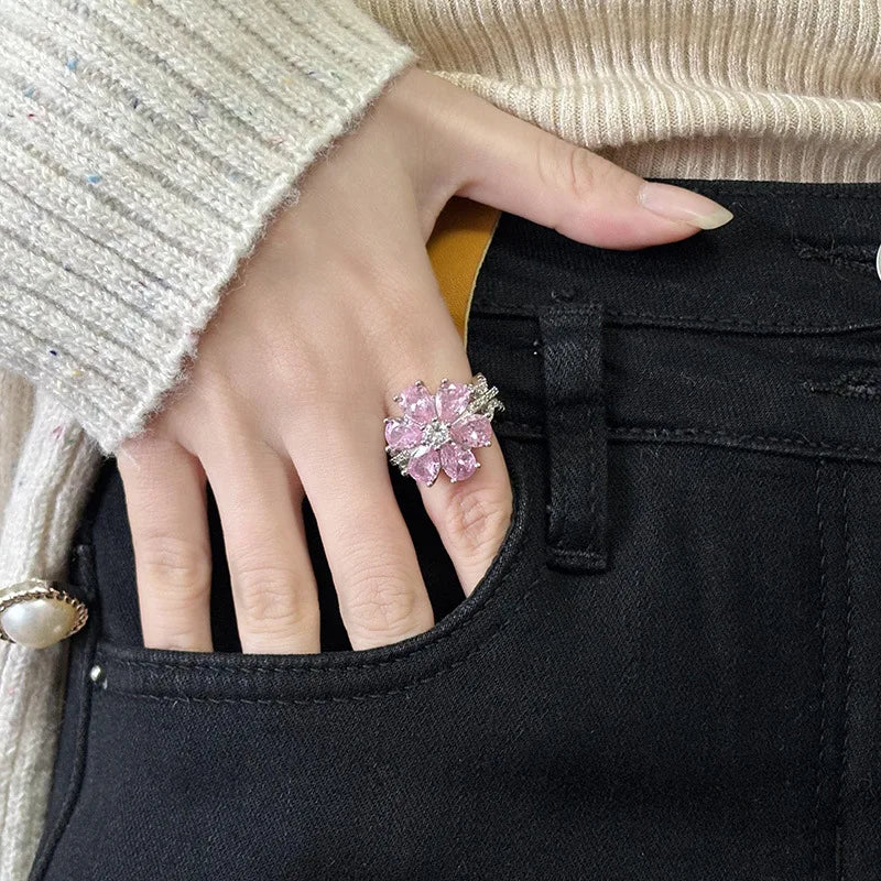 Women Sweet Romantic Zircon Flower Ring