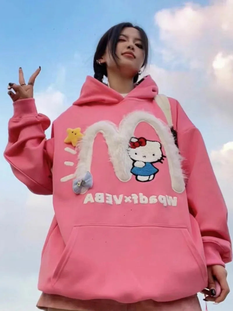 Embroidered Hello Kitty Plush Loose Hoodie