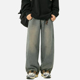 American Casual Plaid Patchwork Washed Jeans