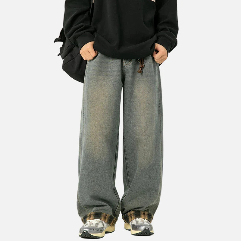 American Casual Plaid Patchwork Washed Jeans