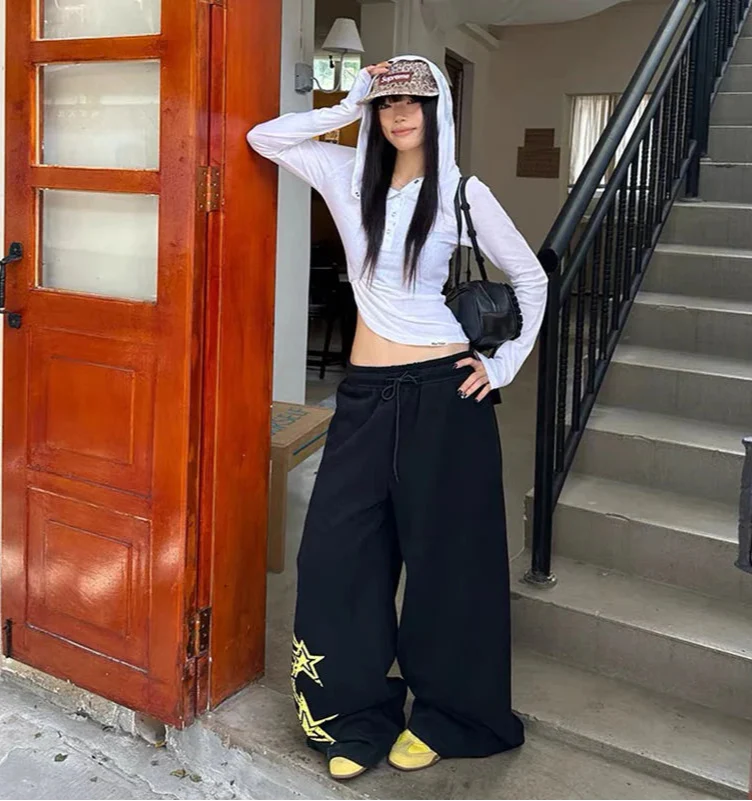 Premium Black Oversize Star Elastic Sweatpants