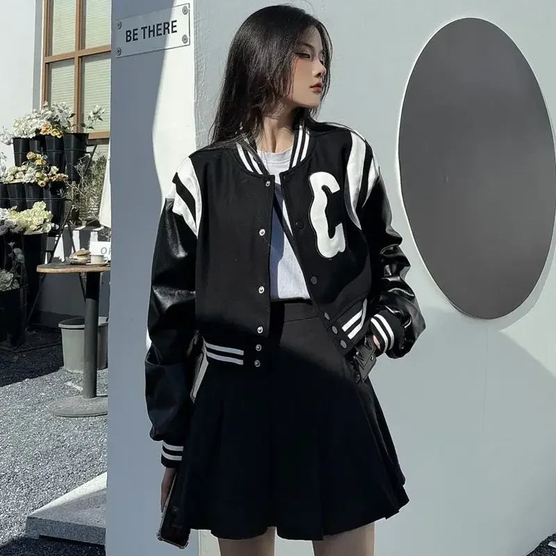 Punk Style Black White Leather Varsity Jacket