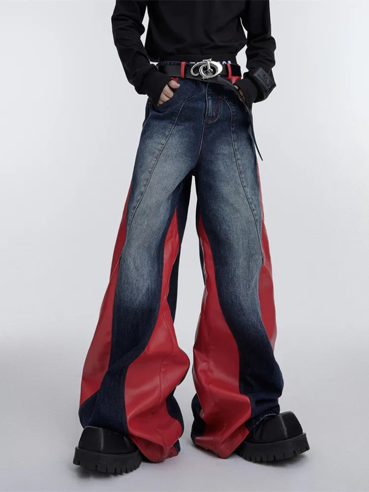 Jeans baggy rouges patchwork streetwear à jambes larges