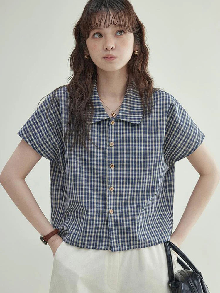 Blouse ample d'été à carreaux vintage style streetwear pour femme