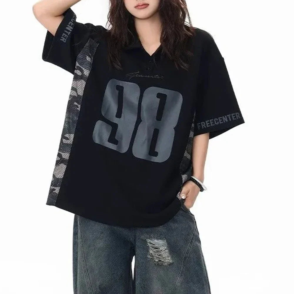 레트로 디지털 루즈핏 캐주얼 반팔 티셔츠
