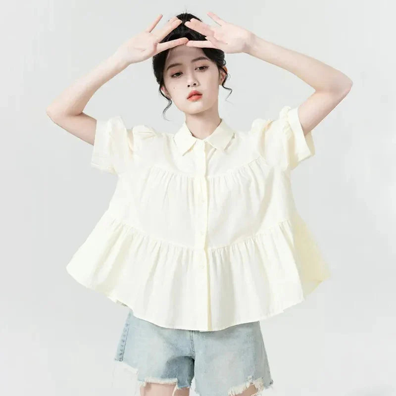 Chemise bouffante ample style japonais pour femme, idéale pour l'été à la coréenne.