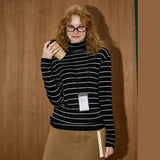 Vintage Stripe Knit High Neck Long Sleeve T-Shirt