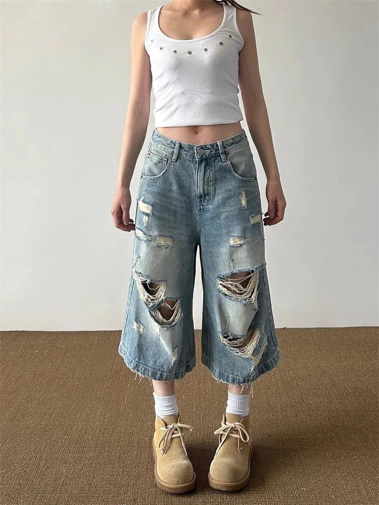 Streetwear Comfort Distressed Wide Leg Denim Jorts