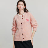 Cardigan femme à boutons brodés et patchwork chat