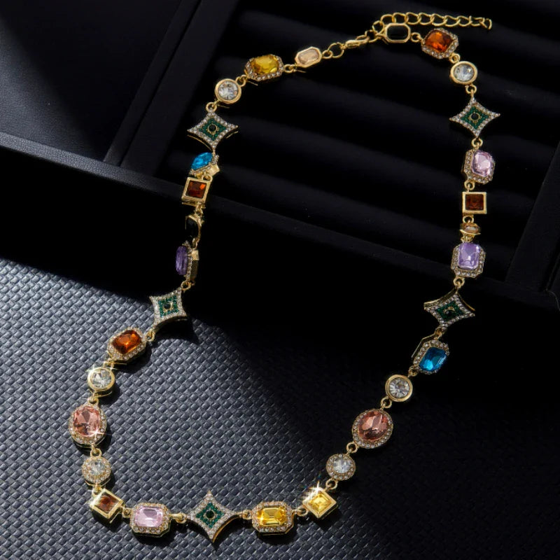 Colorful Zirconia Geometric Chain Necklace