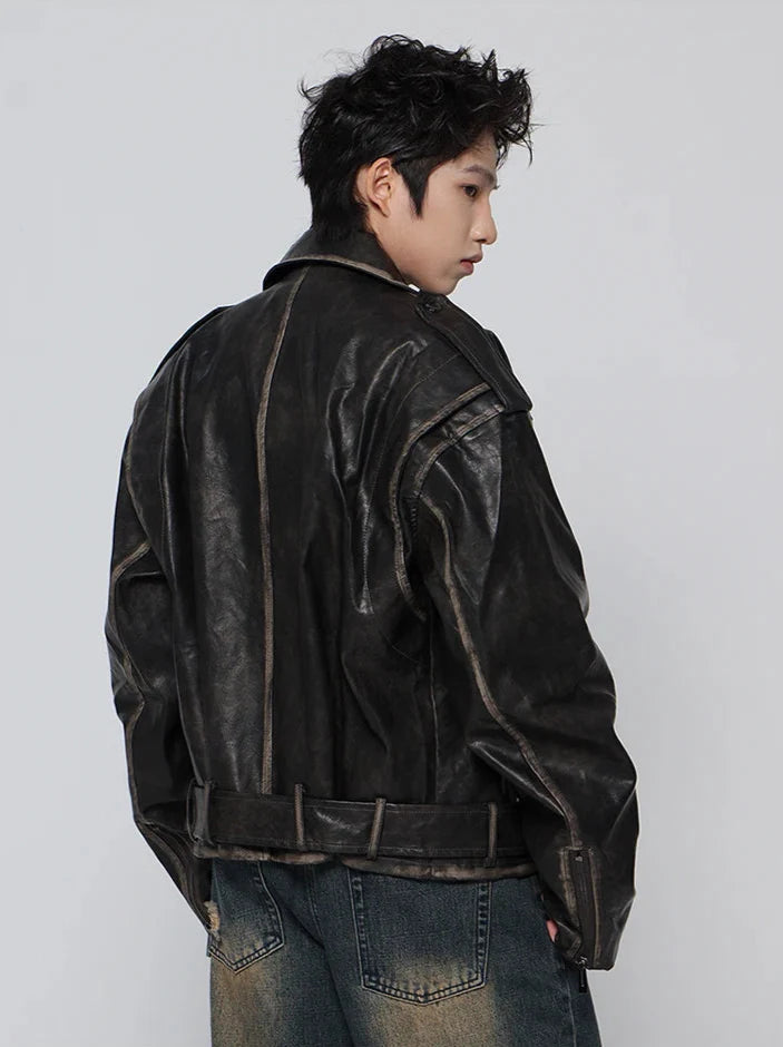 Streetwear Retro Distressed Black Leather Jacket