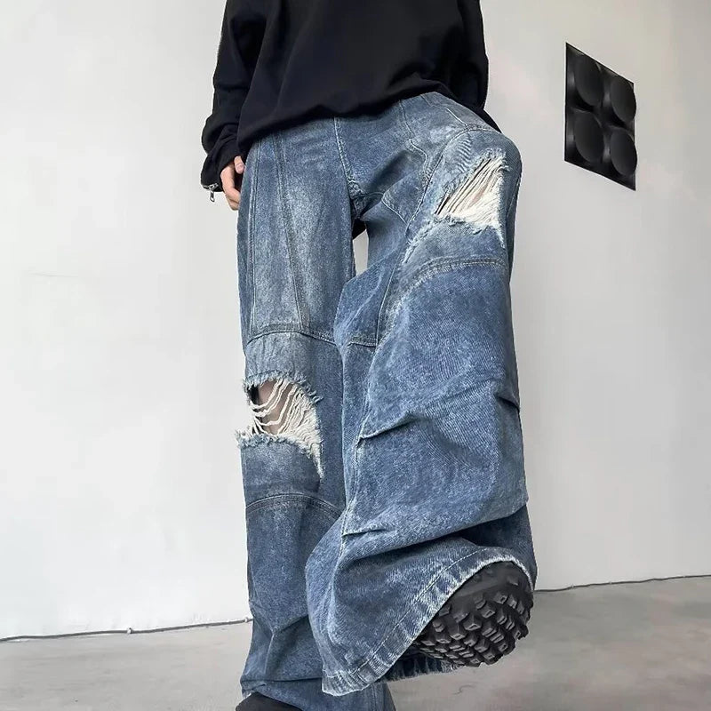 트렌디 와이드 레그 브로큰 홀 청바지
