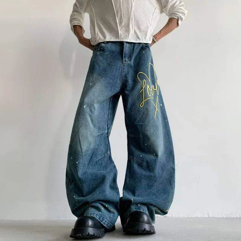하트 자수 루즈 와이드 레그 진