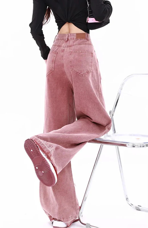 Damen-Jeans mit hohem Bund und Sternen- und rosa Buchstabenprint