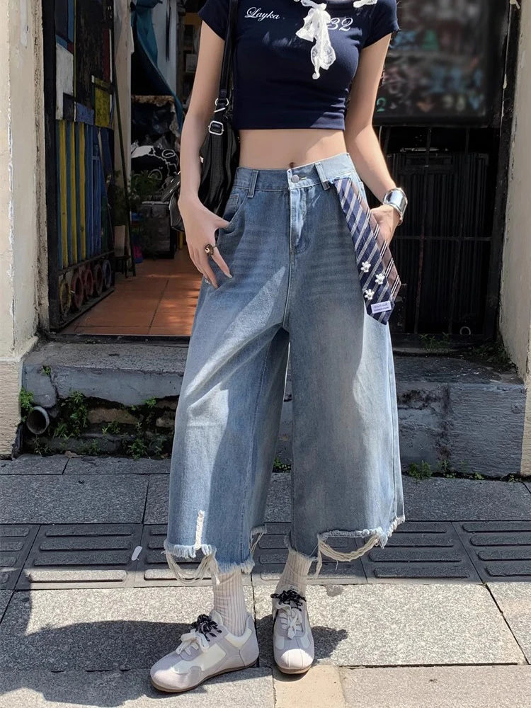 Y2K Patchwork Tie Distressed Denim Jorts