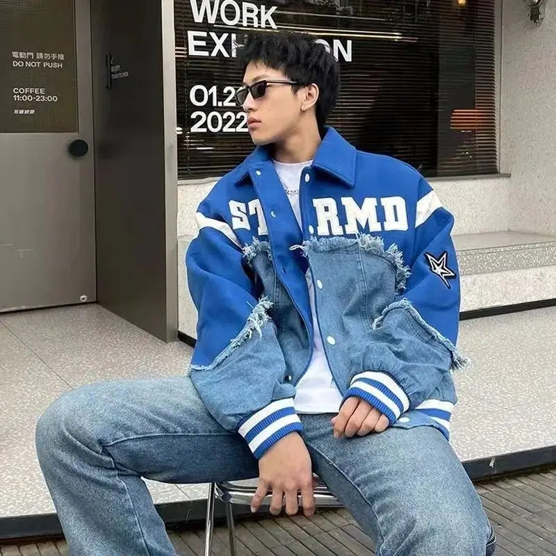 Y2K Patchwork Retro Baseball Denim Varsity Jacket