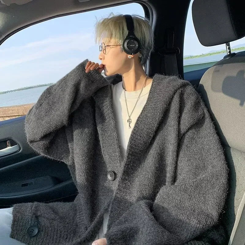 Vintage Cool Cozy Gray Hooded Knit Cardigan