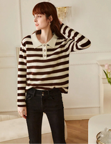 Gemütlicher, gestreifter Strickpolopullover mit Knopfleiste