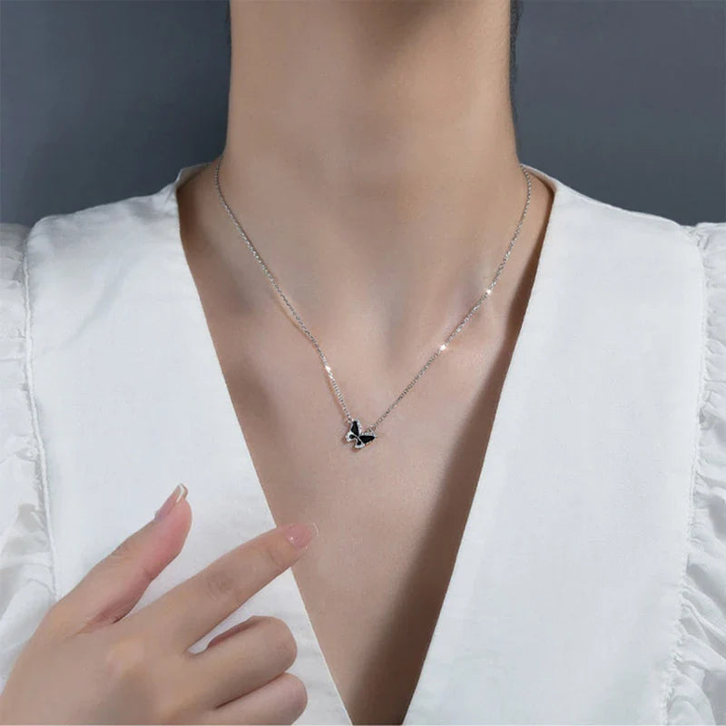 Elegant Silver Black Butterfly Necklace
