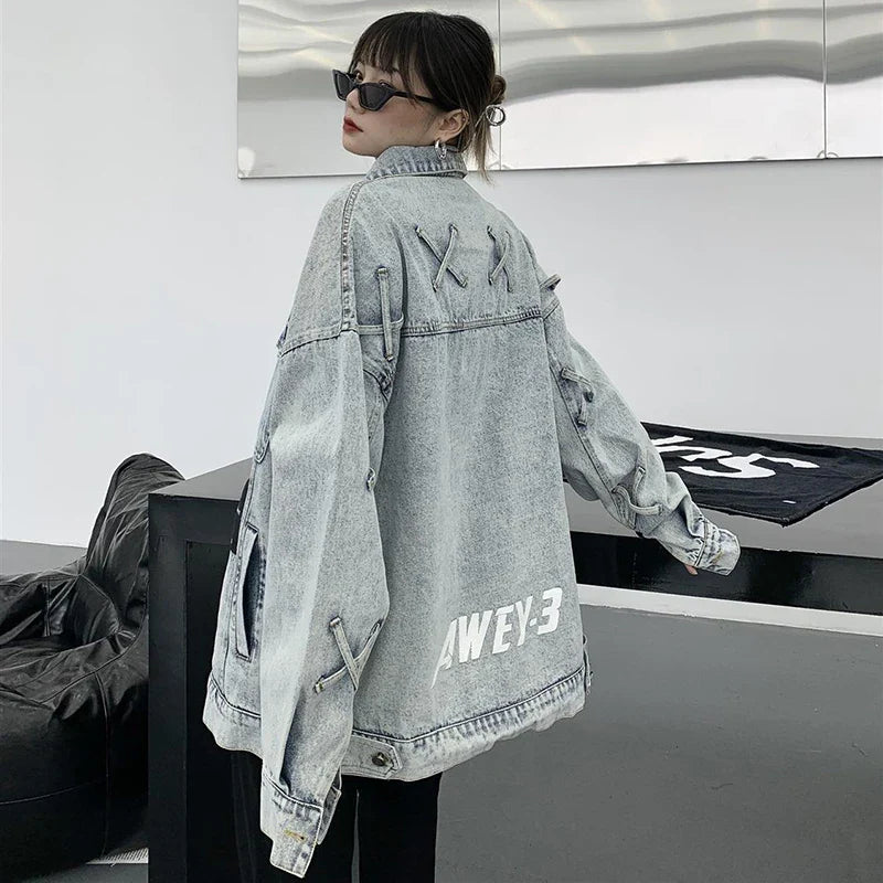 Retro American Style Letter Print Denim Jacket