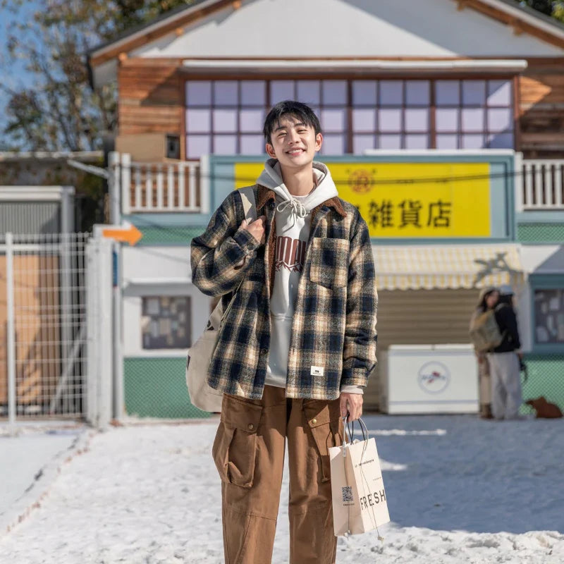 일본 스타일 두꺼운 플래드 울 파카 재킷