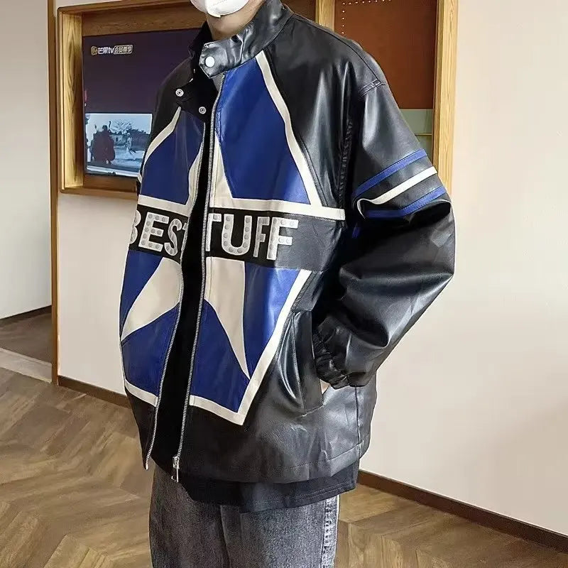 트렌디 빈티지 레이싱 가죽 지퍼 재킷