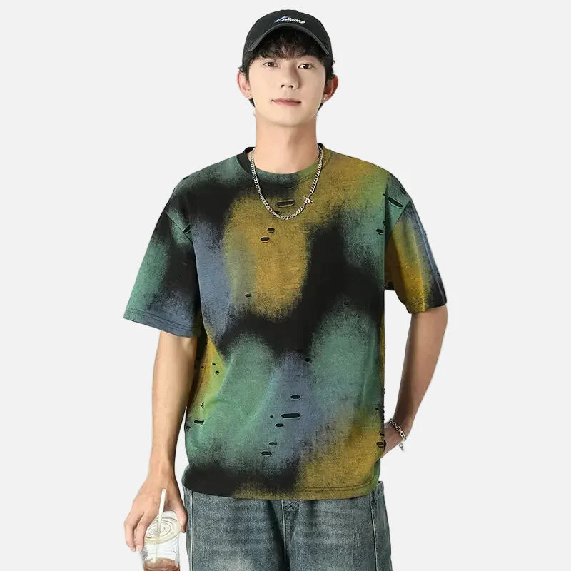Trendy Tie Dye Ripped Hole Short Sleeve T-Shirt