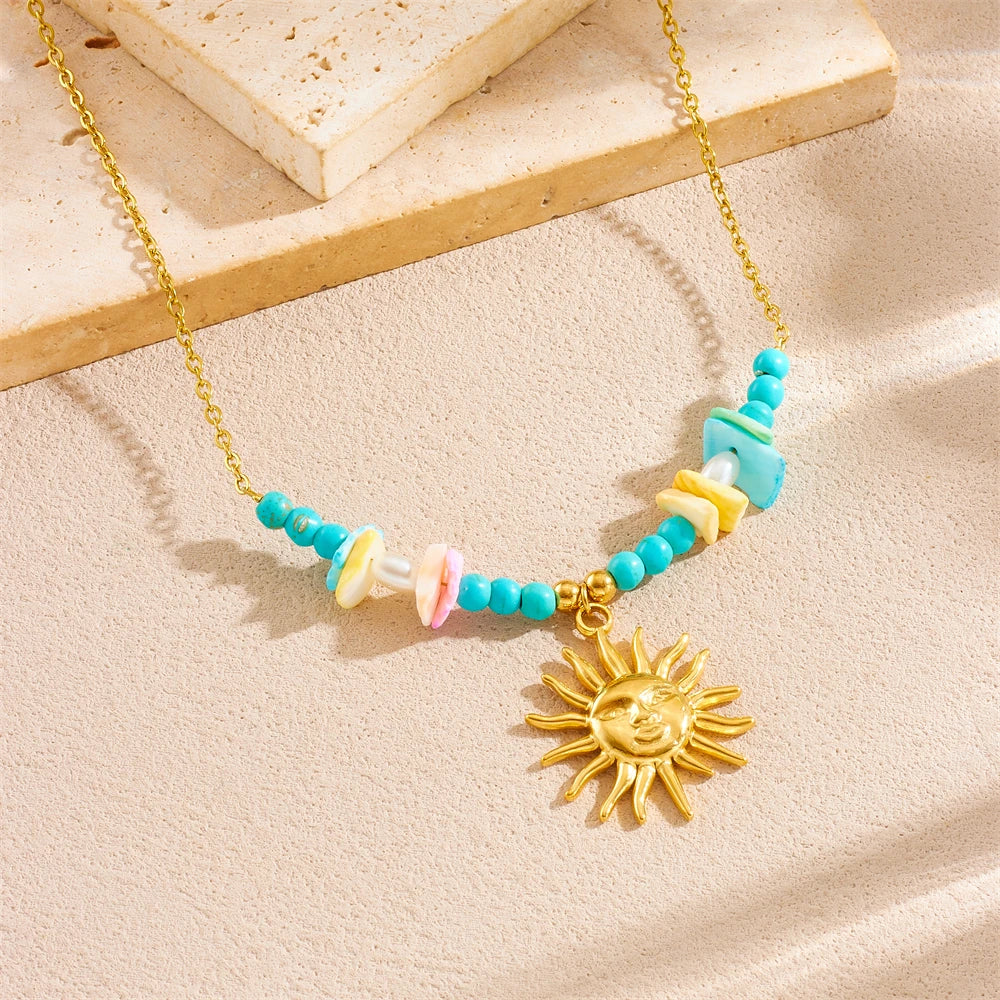 Turquoise Pearl Golden Sun Pendant Necklace