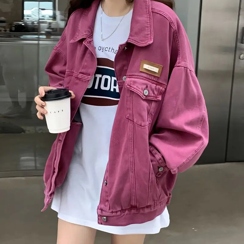 Women Rose Pink Buckle Loose Denim Jacket
