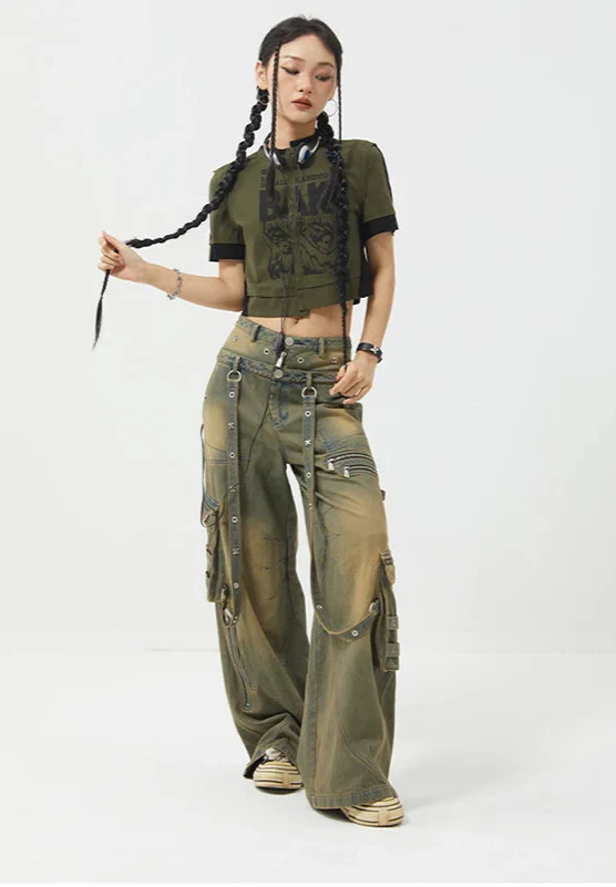 Streetwear Y2K Vintage High Waist Straight Jeans mit Gürtel